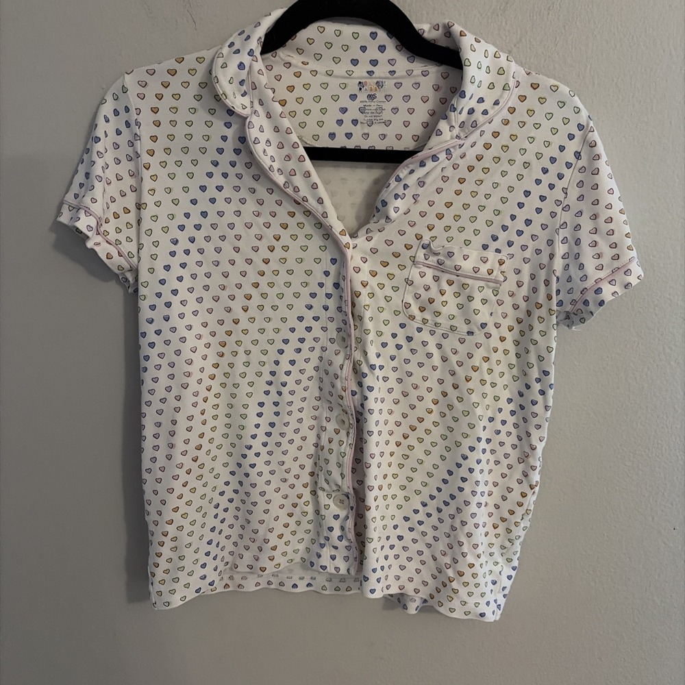 Roller Rabbit Women Rainbow Heart Short Sleeve Pajama Shirt XS 100% Pima Cotton